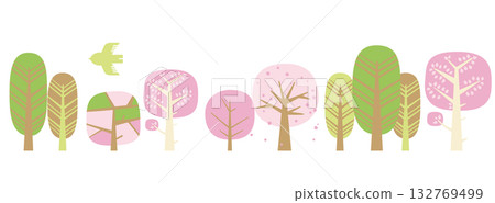 Illustration of spring-colored forest trees and birds Illustration of spring-colored forest trees and birds 132769499