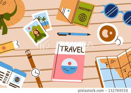Flat cartoon vector illustration of stylish travel planning composition on table top view with map, book and hat. Concept of vacation organization, adventure preparation and summer holiday design Flat cartoon vector illustration of stylish travel planning composition on table top view with map, book and hat. Concept of vacation organization, adventure preparation and summer holiday design 132769558