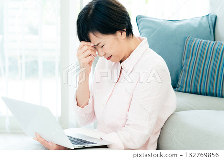 A middle-aged woman operating a computer in the living room 132769856