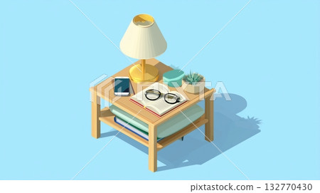 床頭櫃上的書和燈的等距視圖 132770430