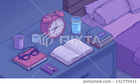 夜景插圖，床頭櫃上放著鐘和書。 132770431