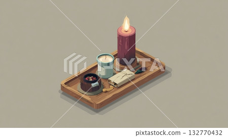 蠟燭和香擺放在木托盤上的等距插圖 132770432