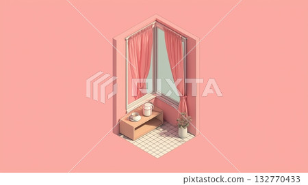 一扇窗戶的等距插圖，配有令人印象深刻的粉紅色窗簾。 132770433
