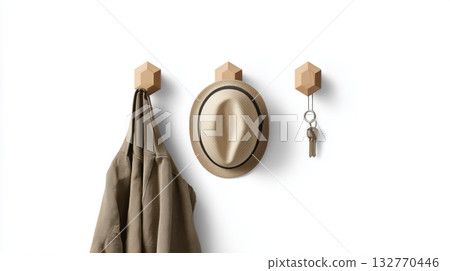 A minimalist composition with a hat, keys and coat hanging on wall hooks 132770446
