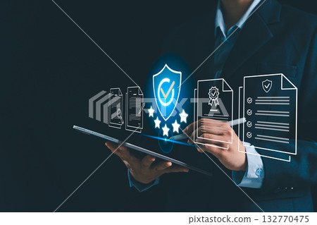 Quality assurance, certification concept emphasizes five-star service, compliance document, verified standard supporting perfect branding, trust building, product credibility, delivering top service Quality assurance, certification concept emphasizes five-star service, compliance document, verified standard supporting perfect branding, trust building, product credibility, delivering top service 132770475