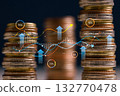 Stack of gold coins beside an upward graph and chart symbolizes business growth, market success, and profitable investment driven by strategic marketing, finance, and money management. 132770478