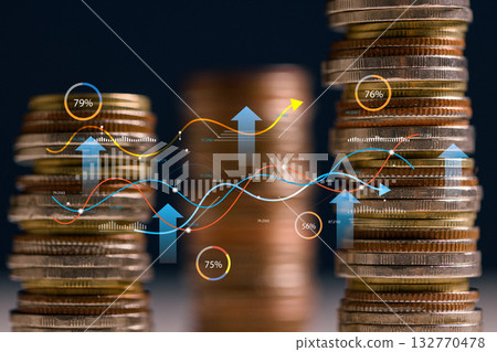 Stack of gold coins beside an upward graph and chart symbolizes business growth, market success, and profitable investment driven by strategic marketing, finance, and money management. 132770478