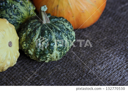 Pumpkins of different colors and sizes arranged on a surface covered with wet coarse burlap, Close-up. 132770530