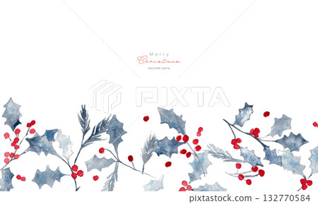 水彩聖誕邊框。冬青水彩插畫。單色聖誕素材。背景邊框。 132770584