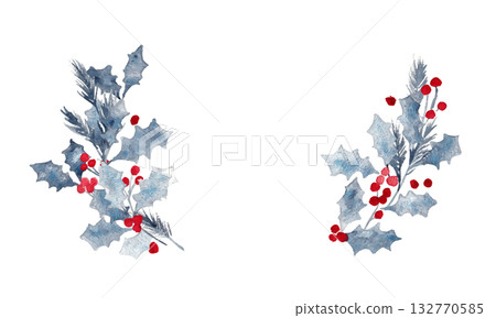 水彩聖誕邊框。冬青水彩插畫。單色聖誕素材。背景邊框。 水彩聖誕邊框。冬青水彩插畫。單色聖誕素材。背景邊框。 132770585