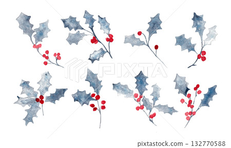 Watercolor Christmas frame. Watercolor illustration of holly. Monochrome Christmas material. Background frame. 132770588
