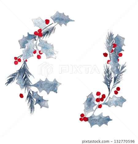 Watercolor Christmas frame. Watercolor illustration of holly. Monochrome Christmas material. Background frame. Watercolor Christmas frame. Watercolor illustration of holly. Monochrome Christmas material. Background frame. 132770596