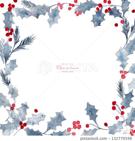 Watercolor Christmas frame. Watercolor illustration of holly. Monochrome Christmas material. Background frame. 132770599