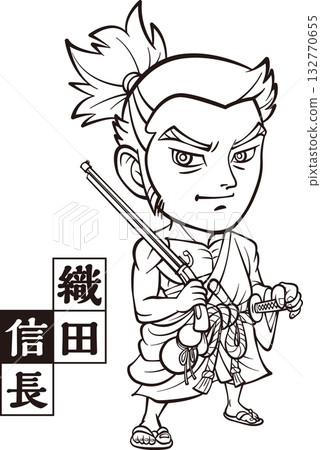 Oda Nobunaga, bare-chested and carrying a gun [2 heads, black and white, bitmap] 132770655