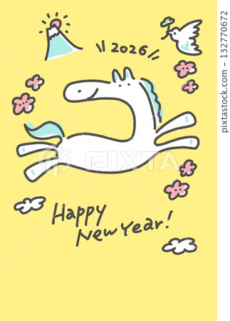 一張可愛的新年賀卡，上面畫著一匹笑容燦爛的白馬奔跑著，背景是2026年的富士山和梅花。 132770672