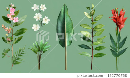Tropical leaf banana leaf fern white blossom pink blossom red ginger green foliage Tropical leaf banana leaf fern white blossom pink blossom red ginger green foliage 132770768