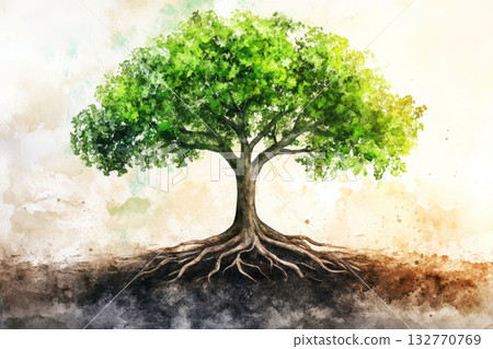Lush green tree with exposed roots in watercolor painting evoking serenity and growth 132770769