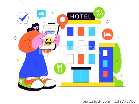 Hotel Reviews Vector Illustration Featuring Rating Services, User Satisfaction, and Customer Experiences in a Flat Style Cartoon Background Hotel Reviews Vector Illustration Featuring Rating Services, User Satisfaction, and Customer Experiences in a Flat Style Cartoon Background 132770796