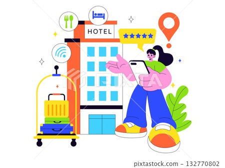 Hotel Reviews Vector Illustration Featuring Rating Services, User Satisfaction, and Customer Experiences in a Flat Style Cartoon Background Hotel Reviews Vector Illustration Featuring Rating Services, User Satisfaction, and Customer Experiences in a Flat Style Cartoon Background 132770802