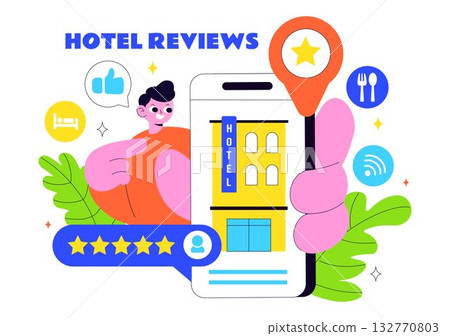 Hotel Reviews Vector Illustration Featuring Rating Services, User Satisfaction, and Customer Experiences in a Flat Style Cartoon Background Hotel Reviews Vector Illustration Featuring Rating Services, User Satisfaction, and Customer Experiences in a Flat Style Cartoon Background 132770803