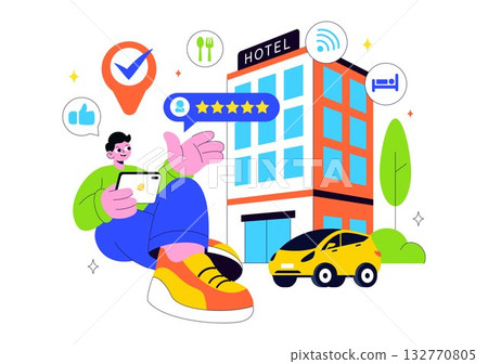 Hotel Reviews Vector Illustration Featuring Rating Services, User Satisfaction, and Customer Experiences in a Flat Style Cartoon Background Hotel Reviews Vector Illustration Featuring Rating Services, User Satisfaction, and Customer Experiences in a Flat Style Cartoon Background 132770805