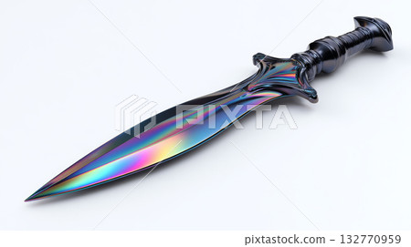 Iridescent fantasy dagger, metallic blade, ornate handle, sharp point, elegant design, isolated on white background 132770959