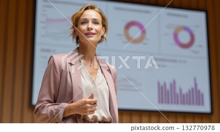 Confident businesswoman, professional attire, standing in modern office, presenting data charts, smiling, leadership, corporate environment Confident businesswoman, professional attire, standing in modern office, presenting data charts, smiling, leadership, corporate environment 132770978