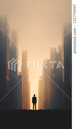 Silhouette city sunrise urban skyscraper mist solitude architecture dramatic morning light. lone figure stands misty cityscape sunrise evoking 132770997