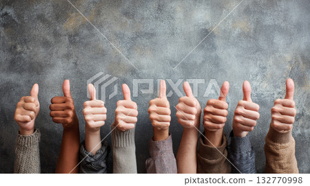 Thumb hand approval gesture success group teamwork positive people unity Multiple hands showing thumbs up against textured background expressing 132770998