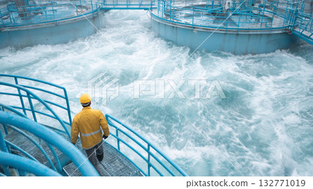 Water treatment plant worker yellow jacket and helmet observes swirling water large industrial purification tank, safety and engineering focus 132771019