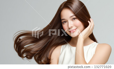 A beauty portrait of a harmonious combination of shiny hair and a smile 132771020