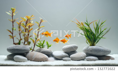Goldfish swimming among smooth stones and green aquatic plants in clear aquarium, peaceful and natural underwater scene 132771022