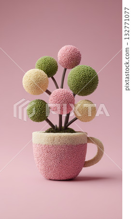 Pink cup round artificial plant pastel green yellow pink textured surface minimal background whimsical decor Pink cup round artificial plant pastel green yellow pink textured surface minimal background whimsical decor 132771077