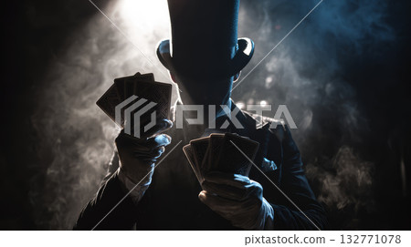 Mysterious magician in dark suit and tall hat holding playing cards, dramatic lighting, smoke, suspenseful atmosphere Mysterious magician in dark suit and tall hat holding playing cards, dramatic lighting, smoke, suspenseful atmosphere 132771078