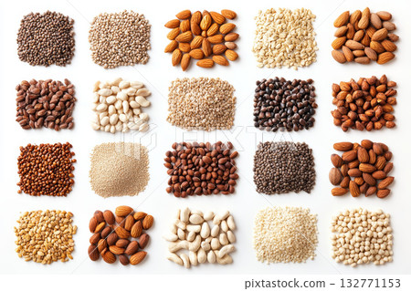 Almond cashew hazelnut walnut peanut seed nut food healthy protein variety of nuts and seeds arranged neat piles white background showcasing 132771153
