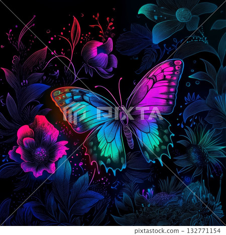 Vibrant butterfly with neon wings fluttering among glowing flowers in magical garden, evoking wonder and enchantment 132771154