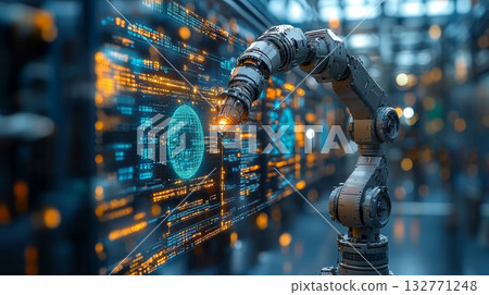Futuristic robotic arm interacting with digital interface, glowing data, advanced technology, innovation, automation, industrial, modern Futuristic robotic arm interacting with digital interface, glowing data, advanced technology, innovation, automation, industrial, modern 132771248