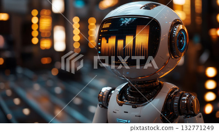 Futuristic robot assistant with digital display, glowing lights, advanced technology, and modern environment, expressing curiosity Futuristic robot assistant with digital display, glowing lights, advanced technology, and modern environment, expressing curiosity 132771249