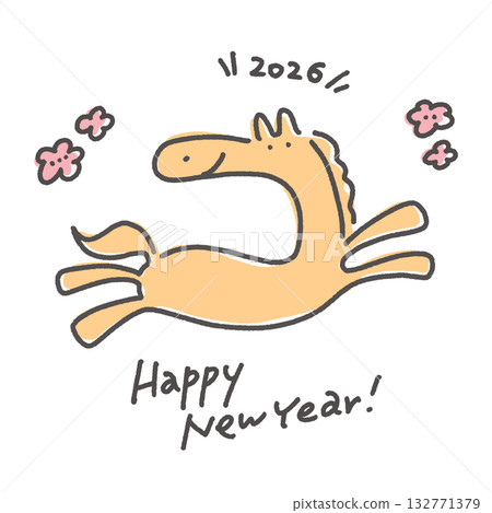 一匹可愛的小馬兒帶著笑容奔跑，周圍環繞著梅花，這是2026年新年素材，祝大家新年快樂！ 132771379