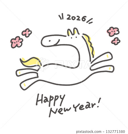 一匹可愛的白馬帶著微笑奔跑，周圍環繞著梅花，這是2026新年素材，祝大家新年快樂！ 132771380