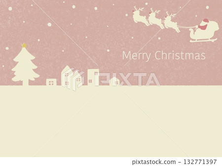 Tree and cityscape message card Santa and reindeer pink Merry Christmas 132771397