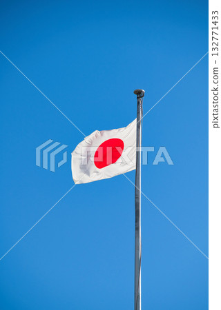 Sun flag fluttering in blue sky 132771433