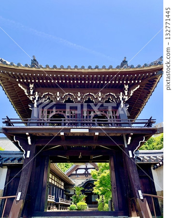 仰望五月藍天與新綠交相輝映的瑞園寺聖門(愛知縣岡崎市門前町) 仰望五月藍天與新綠交相輝映的瑞園寺聖門(愛知縣岡崎市門前町) 132771445