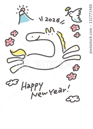 A cute pop New Year's card of a smiling Hakuba horse running 2026 Mount Fuji and plum blossoms 132771488