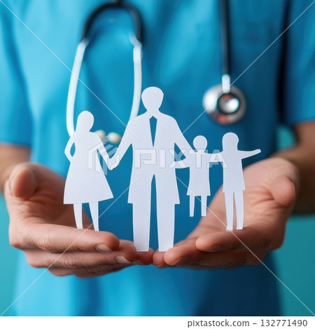 Family health concept represented by paper figures held by a doctor in a blue scrub with a stethoscope in hand 132771490