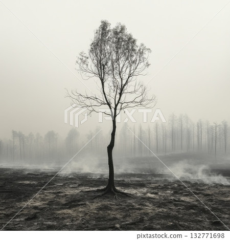 Charred tree stands alone in a desolate landscape after wildfire devastation in a smoky atmosphere 132771698