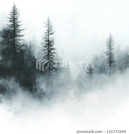 Misty forest landscape with tall evergreen trees and soft fog during early morning light 132771699