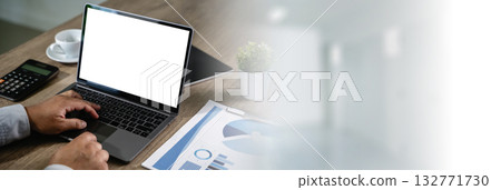 computer mock up blank screen using laptop with blank white copy space office interior 132771730