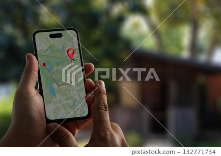 man searching for hotel GPS Map to Route Destination network connection Location Street Map with GPS Icons Navigation man searching for hotel GPS Map to Route Destination network connection Location Street Map with GPS Icons Navigation 132771734