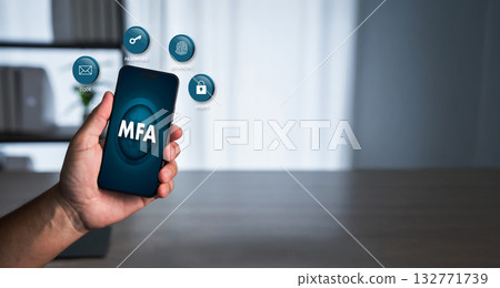 Mobile multi-factor authentication (MFA) concept showing password, biometric, and verification code. Clean blue tone with ample copy space for IT, cybersecurity, and compliance uses. 132771739